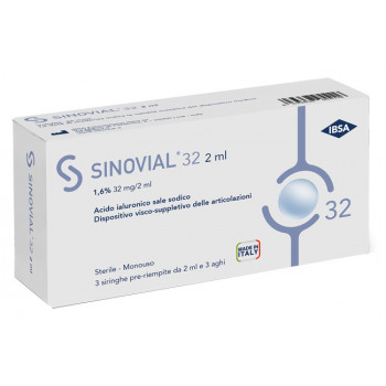 SIRINGA INTRA-ARTICOLARE SINOVIAL 32 ACIDO IALURONICO SALE SODICO 1,6% 32MG/2ML 3 SIRINGHE X 2ML + 3 AGHI